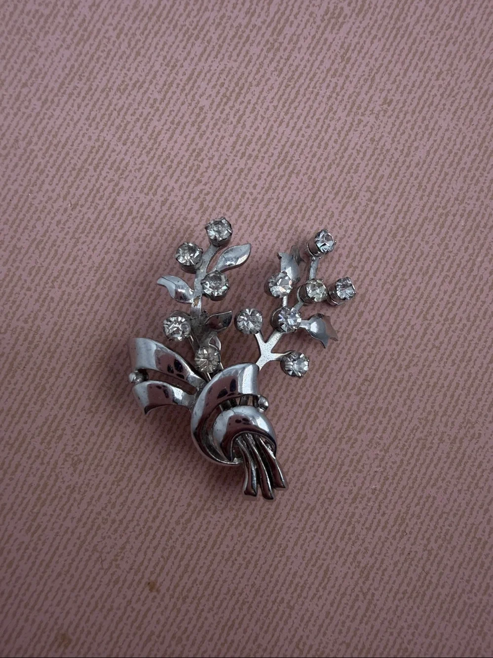 Vintage Karu‎ Rhinestone Floral Spray Brooch Silver Tone Bouquet Pin Mid Century